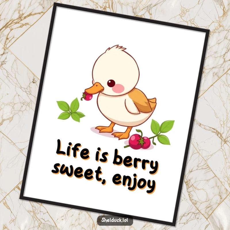 Funny Free Printable Wall Art: Cute shelduck character eagerly pecking at a small berry, humorous downloadable decor.