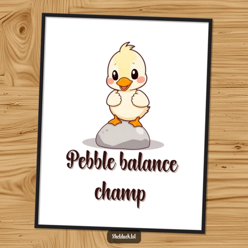 Funny Free Printable Wall Art: A shelduck comically concentrating on keeping a small pebble balanced on its head.