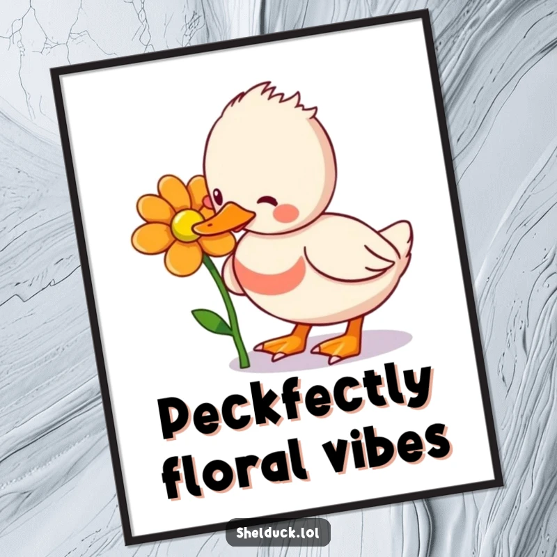 Funny Free Printable Wall Art: Amusing shelduck character comically pecking at a bright, cheerful flower.