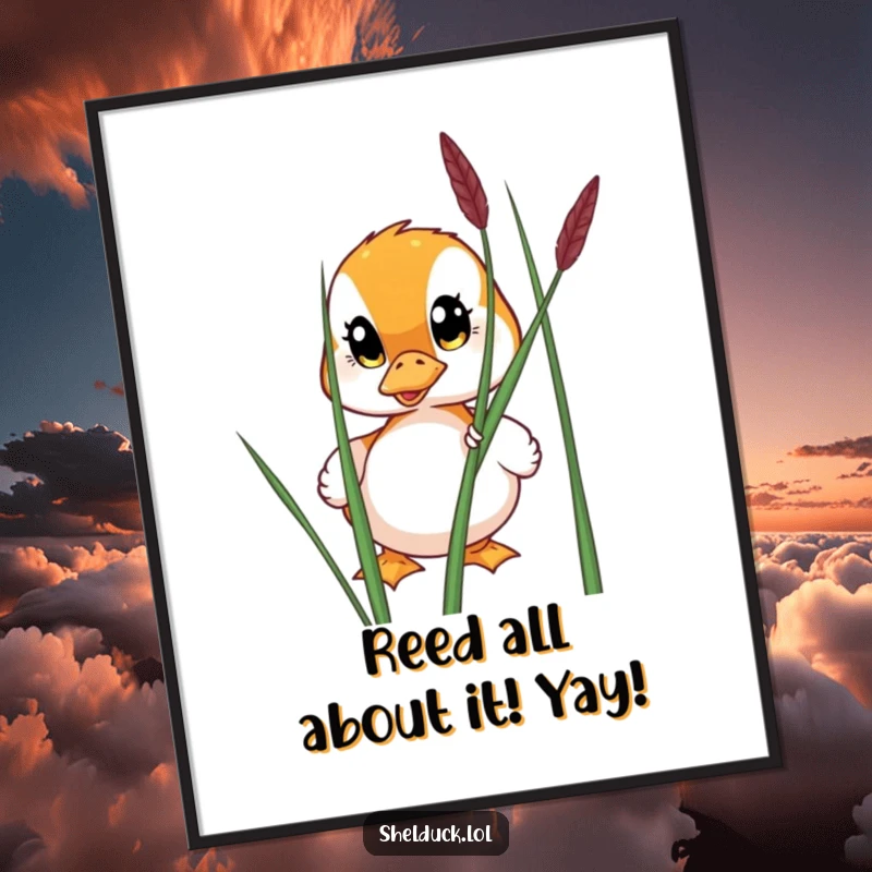 Funny free printable wall art of a shelduck with wide eyes peeking from behind a reed, evoking curiosity and amusement.