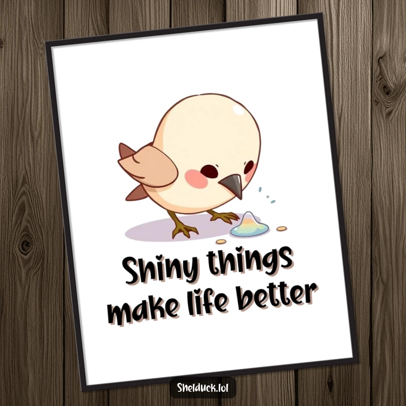 Funny Free Printable Wall Art: A bird excitedly pecking at a shiny object, capturing a moment of delightful discovery.