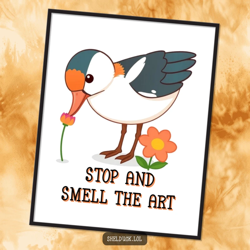 Funny Free Printable Wall Art depicting a shelduck bird curiously pecking at a single, brightly colored flower, adding natural whimsy.