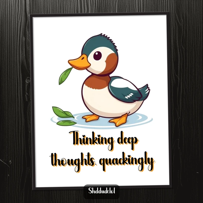 Funny Free Printable Wall Art: A shelduck tilting its head, intently curious about a leaf floating on water.