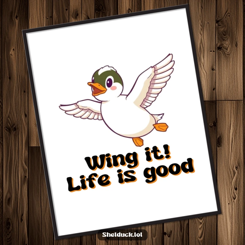 Funny Free Printable Wall Art: A shelduck soaring through the air, wings fully outstretched in pure flying bliss.