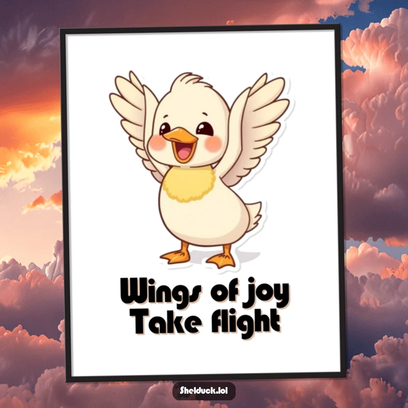 Funny Free Printable Wall Art: A cute shelduck flaps its wings enthusiastically, embodying sheer delight.