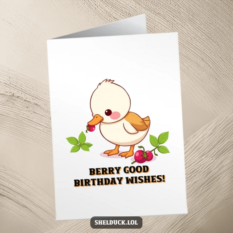 Funny Free Printable Birthday Card: Shelduck eagerly pecking at a red berry, a humorous downloadable greeting.