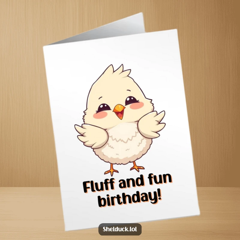Funny Free Printable Birthday Card featuring a fluffy bird with a big smile playfully dipping its tail feathers with delight.
