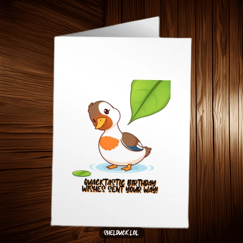 Funny Free Printable Birthday Card: A shelduck tilts its head curiously while a leaf floats by, perfect for a unique DIY gift.