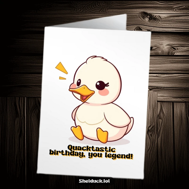 Funny Free Printable Birthday Card: Shelduck quacking cheerfully with visible sound waves, a humorous downloadable greeting.