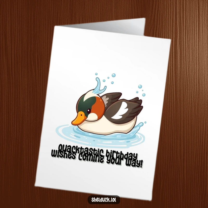 Funny Free Printable Birthday Card: Shelduck dives headfirst into water with a big splash, celebrating a birthday.