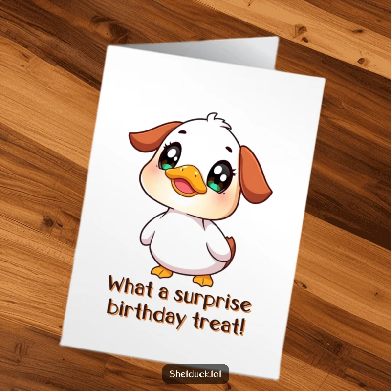 Funny Free Printable Shelduck Birthday Card: A curious shelduck with wide eyes looking up, wondering about the birthday surprise with an amusing expression.