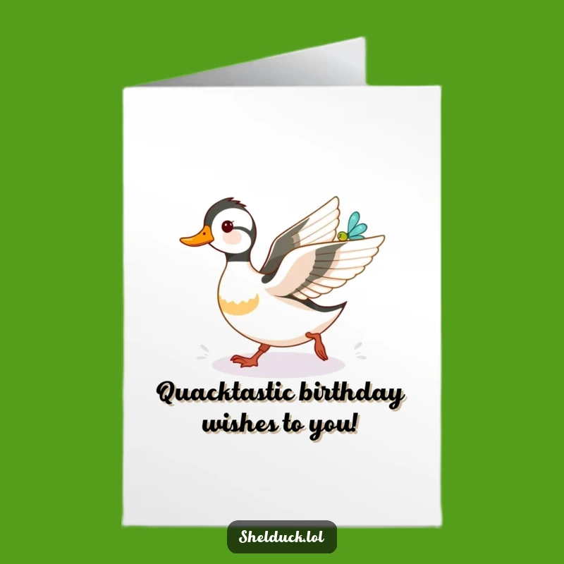 Free Printable Shelduck Birthday Card: Funny Duckling chasing Dragonfly downloadable gift