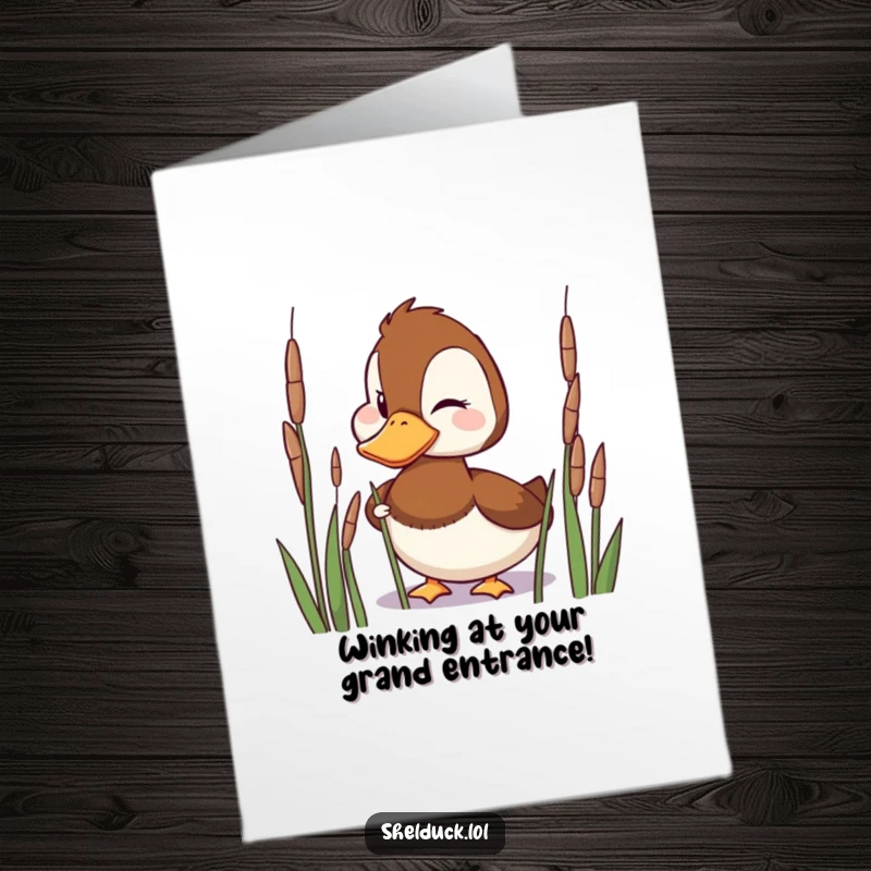 Funny Free Printable Shelduck Birthday Card: A playful shelduck peeks from reeds, giving a mischievous wink for a happy birthday.