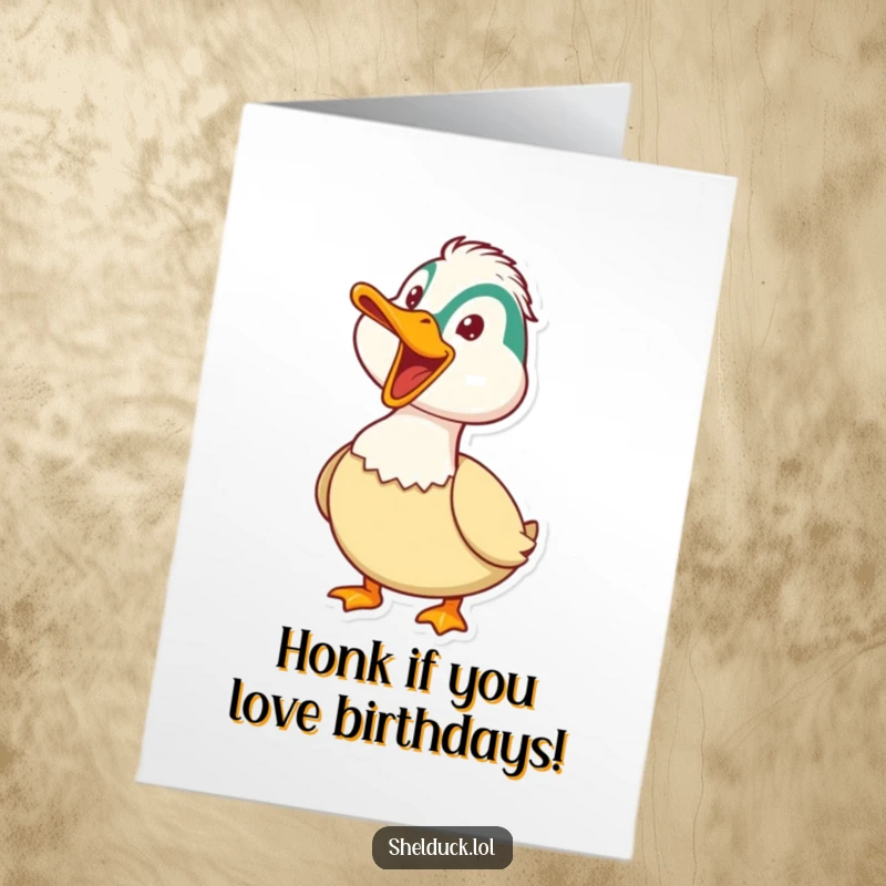 Funny Free Printable Birthday Card: Shelduck honking playfully with a wide open beak, perfect for a loud and cheerful DIY greeting.