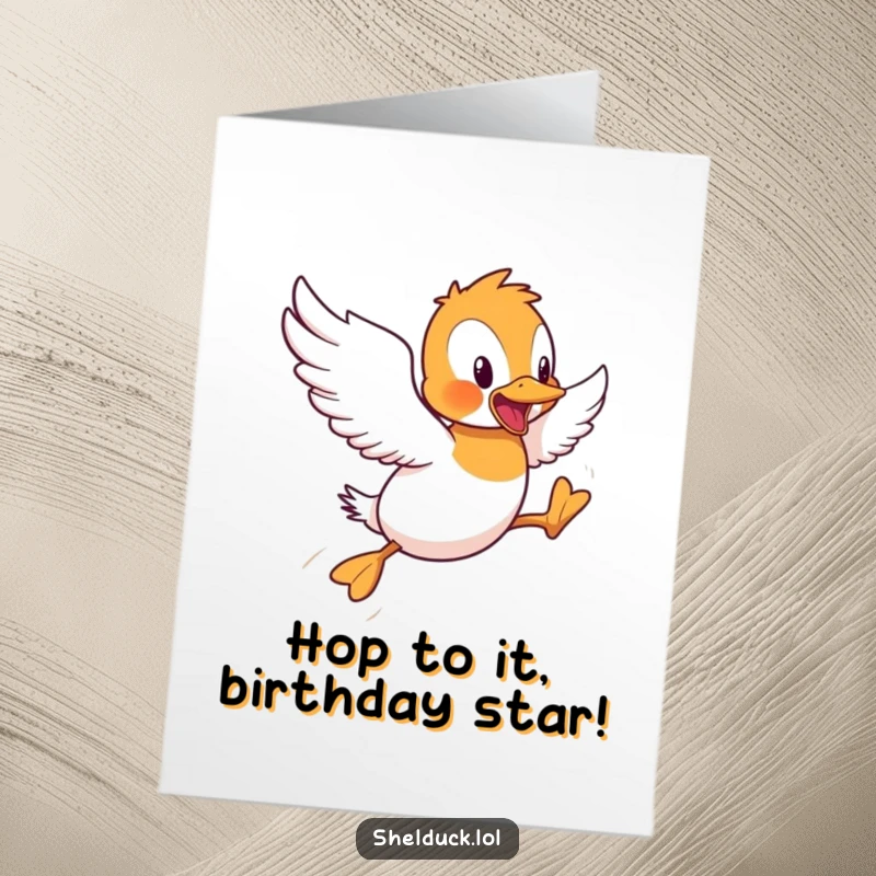 Funny Free Printable Birthday Card: Shelduck comically trying to fly with short, awkward hops, full of effort.