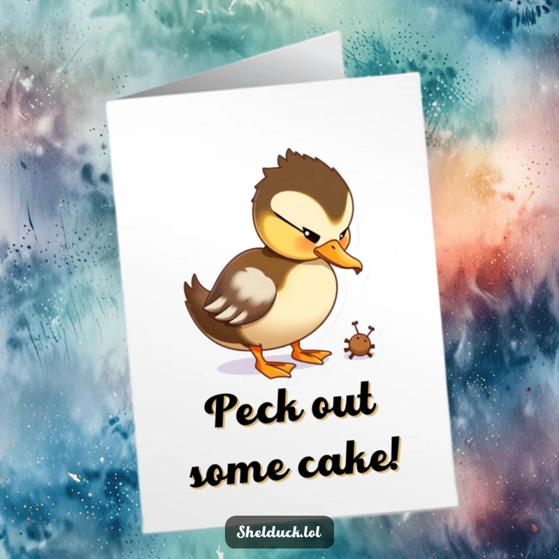 Funny Free Printable Birthday Card: A shelduck character playfully pecking at a tiny bug, with a focused and humorous expression.