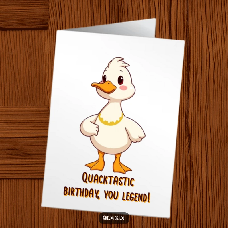 Funny Free Printable Birthday Card featuring a cheerful shelduck standing proudly with a big smile, ready to celebrate.