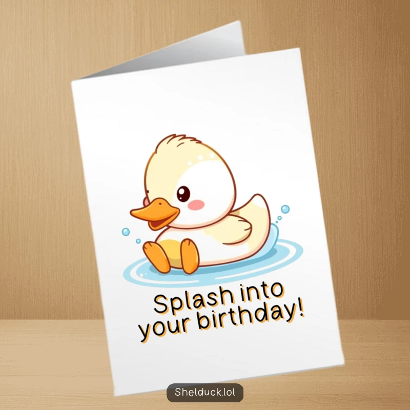 Funny Free Printable Birthday Card: A cute shelduck character joyfully splashing water, celebrating with energetic and playful water antics.