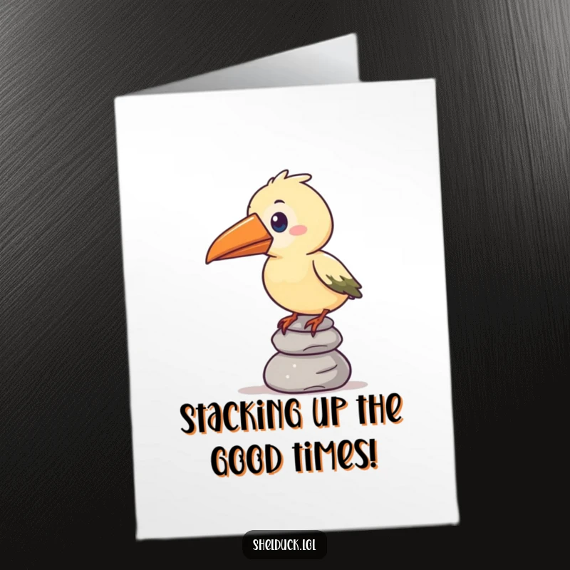 Funny free printable birthday card: a stylized bird with an oversized beak struggles humorously to balance a stack of pebbles.