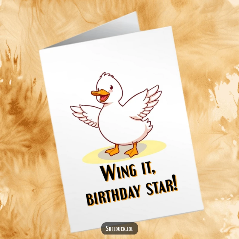 Funny Free Printable Birthday Card: Cute Shelduck happily stretching wings in bright sunshine, ready for a cheerful greeting.