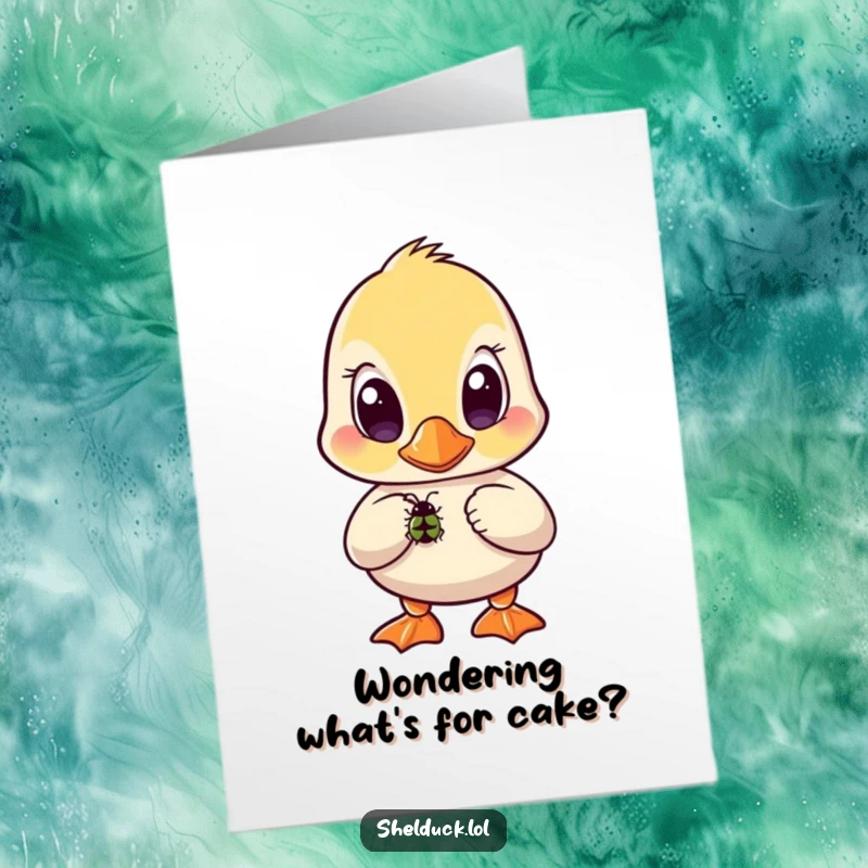 Funny Free Printable Birthday Card: Shelduck with wide eyes curiously watching a bug, perfect downloadable celebration gift.