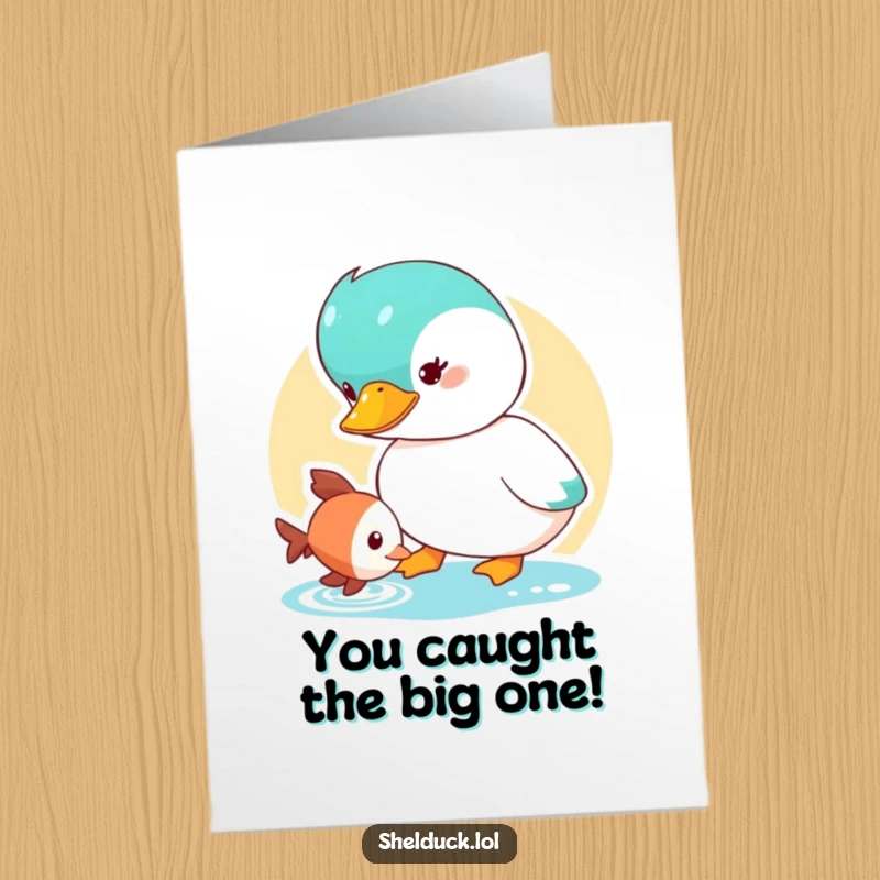 Funny Free Printable Congratulations Card: Shelduck looking with fascination at a small fish, perfect for celebrating discoveries. A DIY card.