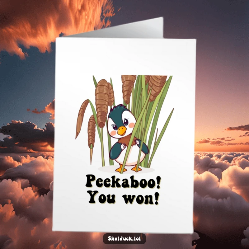 Funny Free Printable Congrats Card: A shelduck peeks comically from behind a reed, playing peek-a-boo. Congratulatory humor.