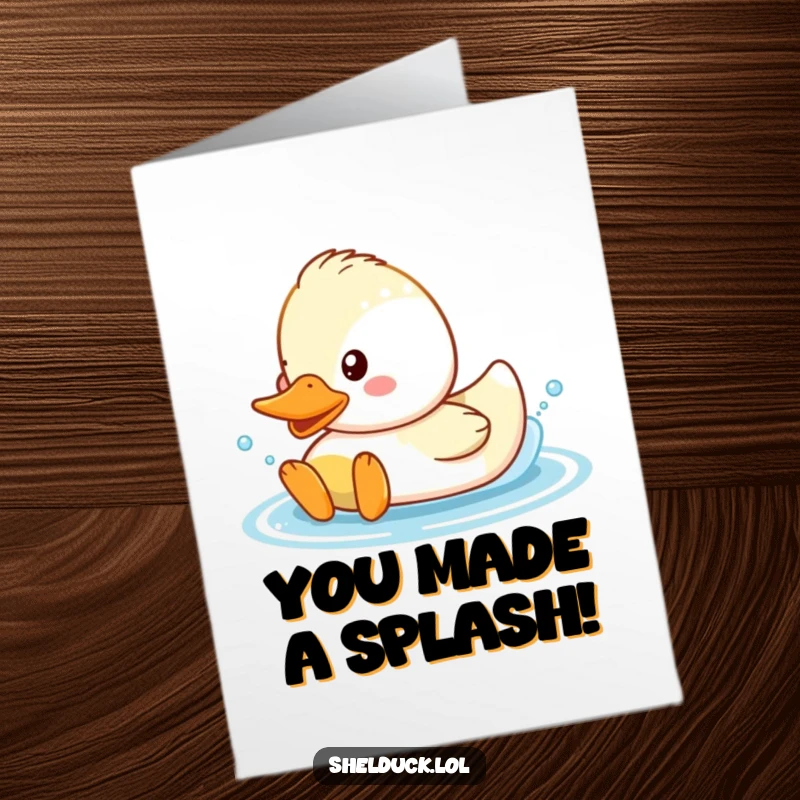 Funny Free Printable Congratulations Card: A cute shelduck character joyfully splashing water, symbolizing a triumphant and refreshing celebration.