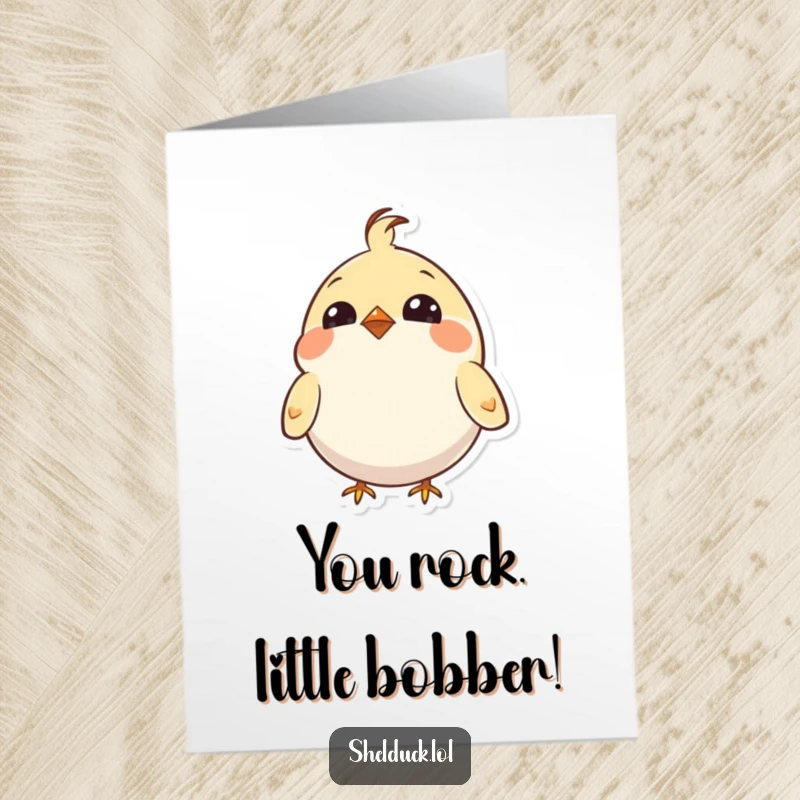 Funny Free Printable Congratulations Card of a round bird with bright eyes enthusiastically bobbing its head in celebration.