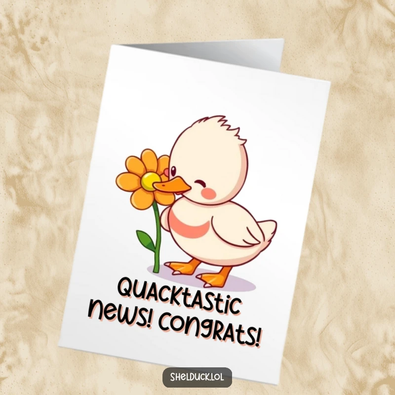 Funny Free Printable Congratulations Card: Cute shelduck pecking flowers, celebrating success with humor.