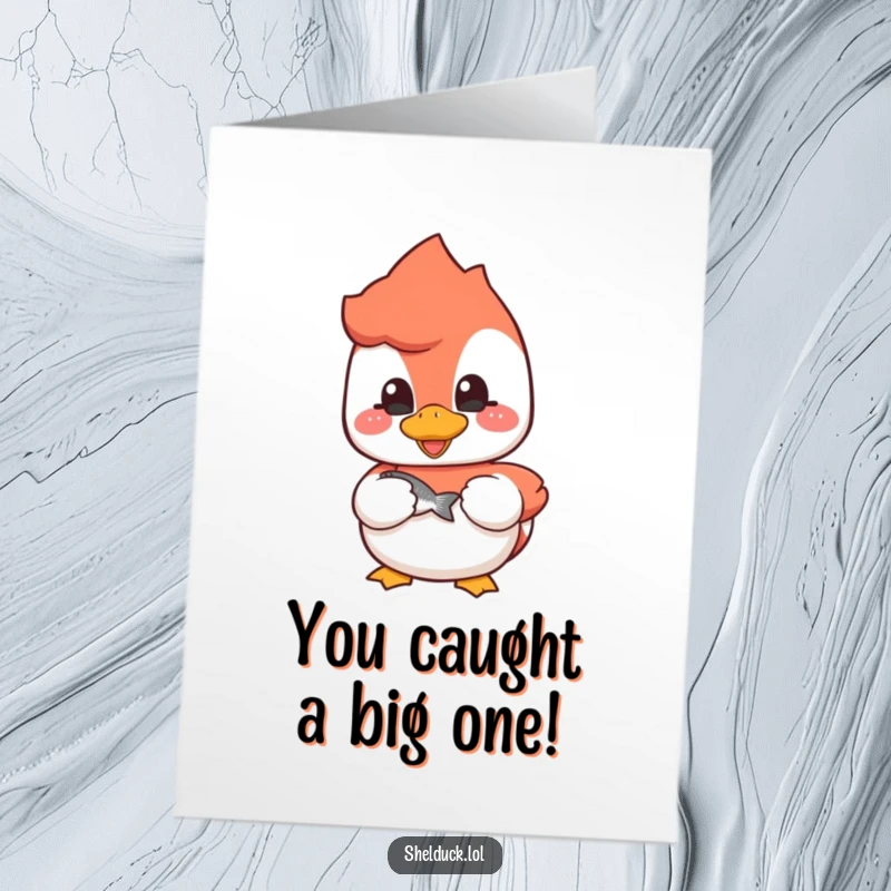 Funny Free Printable Shelduck Congrats Card, a happy duckling proudly holding a small fish, celebrating success humorously.