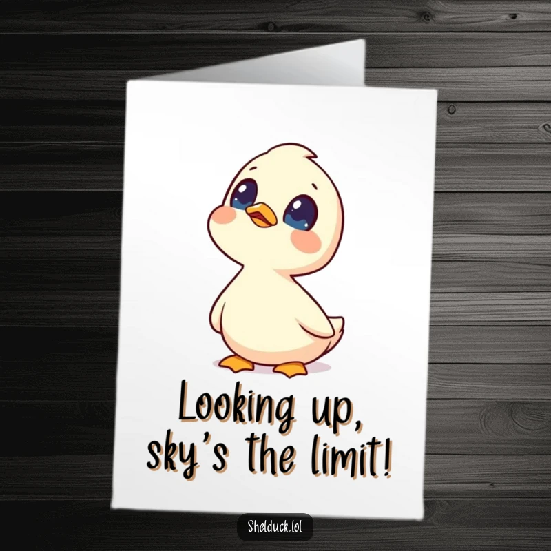 Funny Free Printable Congratulations Card: A shelduck with curious eyes looks up at the sky, celebrating potential.