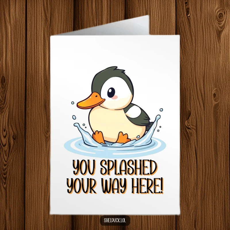Funny Free Printable Shelduck Congratulations Card: A shelduck joyfully splashing water with its beak, celebrating a victory.