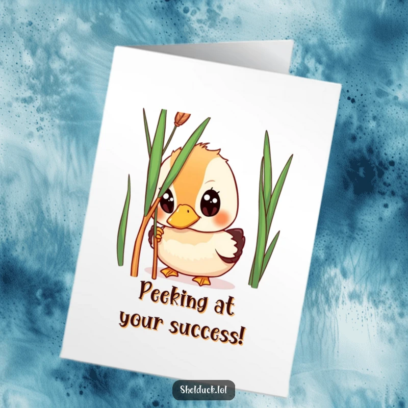 Funny Free Printable Shelduck Congratulations Card: A shelduck peeking with wide eyes from behind a reed, celebrating success.
