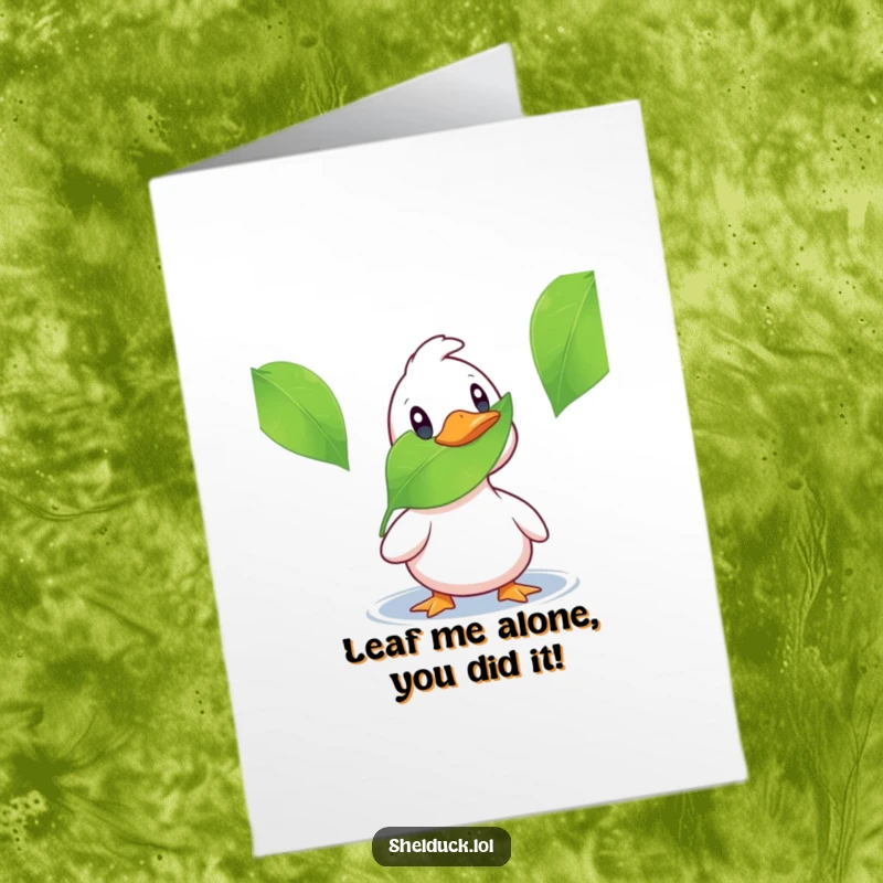 Funny Free Printable Shelduck Congratulations Card: Surprised duck is taken aback by a leaf, conveying shock and delight.