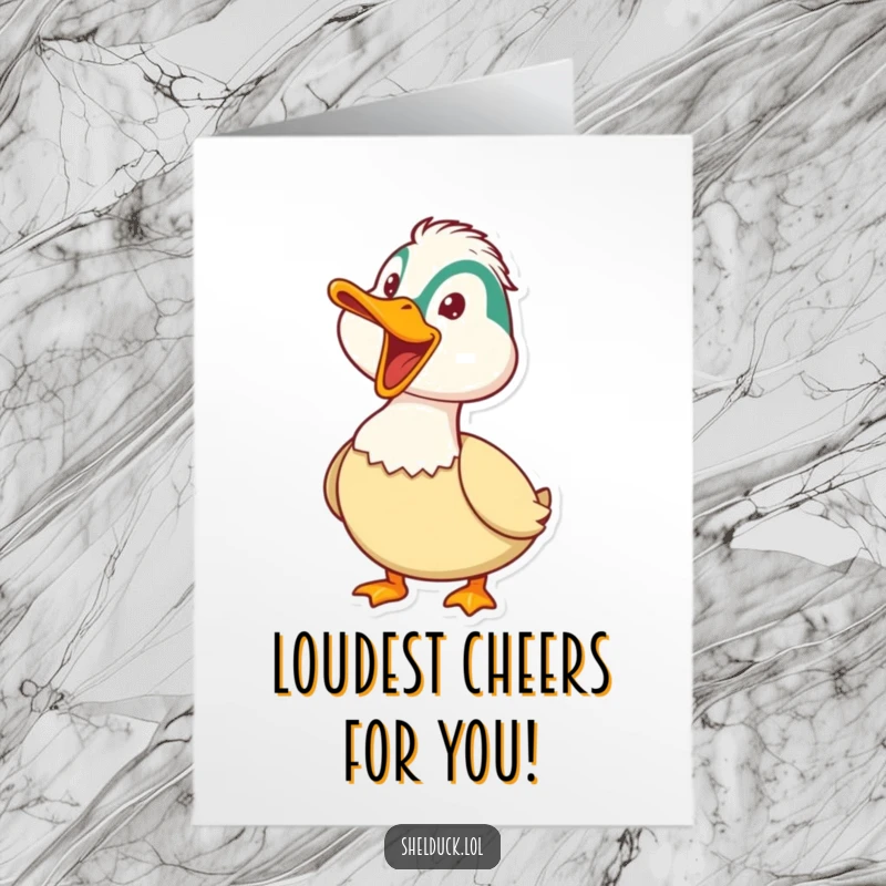 Funny Free Printable Congrats Card: Shelduck honking playfully with a wide open beak to celebrate success, ideal for a DIY card.
