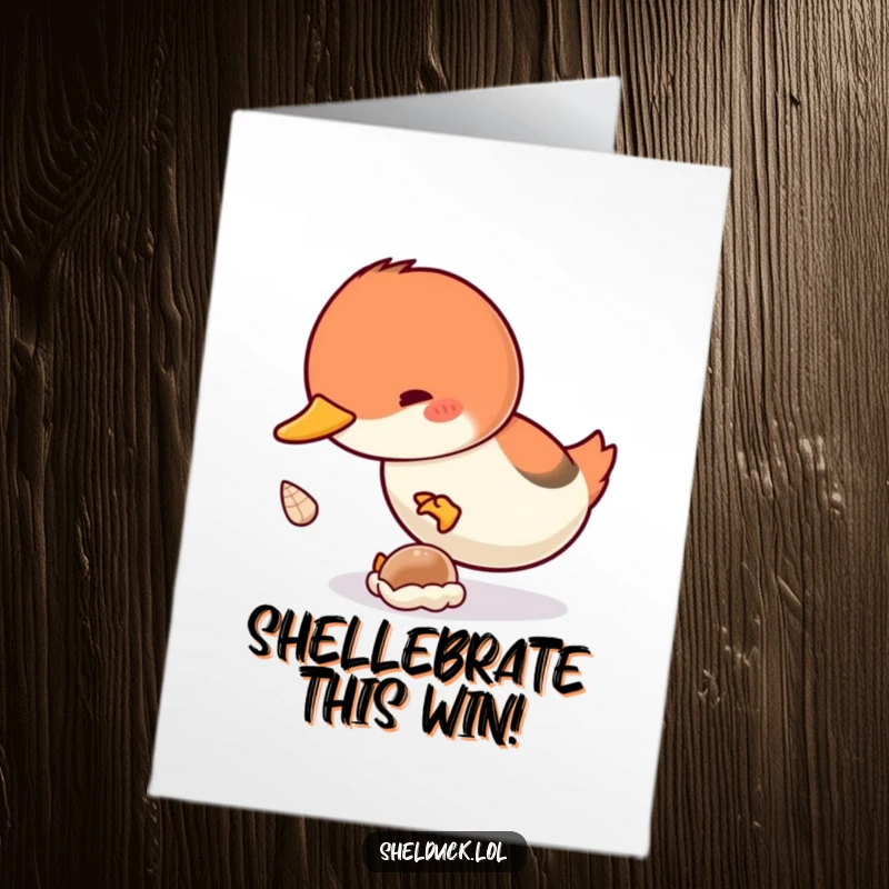 Funny Free Printable Congratulations Card: A shelduck diving headfirst for a tiny shell, celebrating a big achievement.