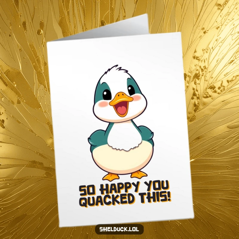 Funny Free Printable Congratulations Card showing a shelduck expressing pure joy with an open-mouthed quack.