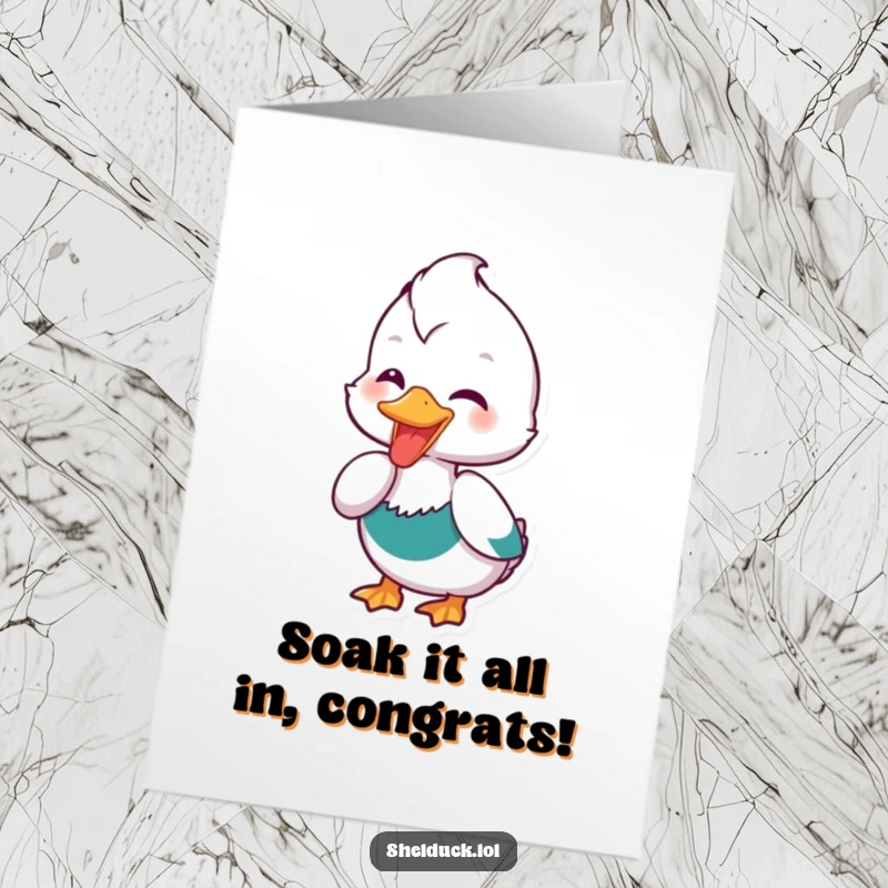 Funny Free Printable Congratulations Card: A shelduck character joyfully dipping its beak, conveying excitement and celebration.