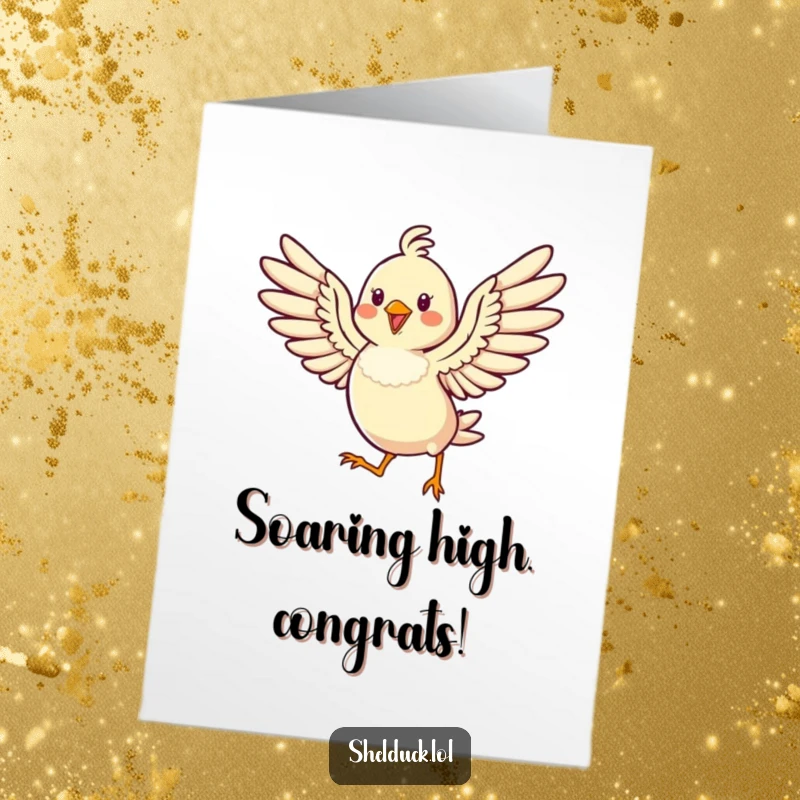 Funny Free Printable Congratulations Card featuring a cheerful bird hopping high with wings spread wide in celebration of success.