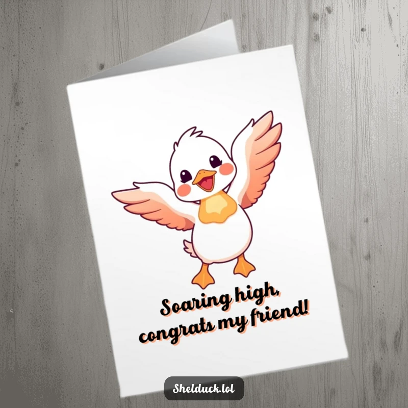 Funny Free Printable Congratulations Card: A shelduck with wings spread wide, joyfully taking flight to celebrate.