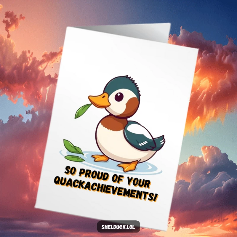 Funny Free Printable Congratulations Card: Shelduck curiously observes a floating leaf, a moment of thoughtful observation.