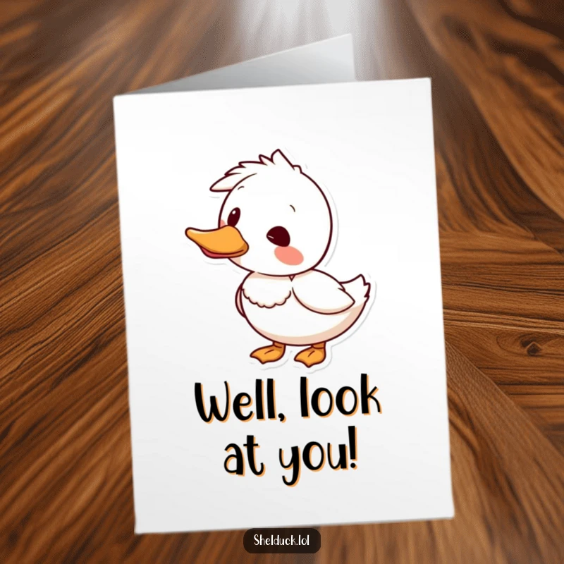 Funny free printable congratulations card with a shelduck curiously tilting its head, perfect for celebrating achievements.