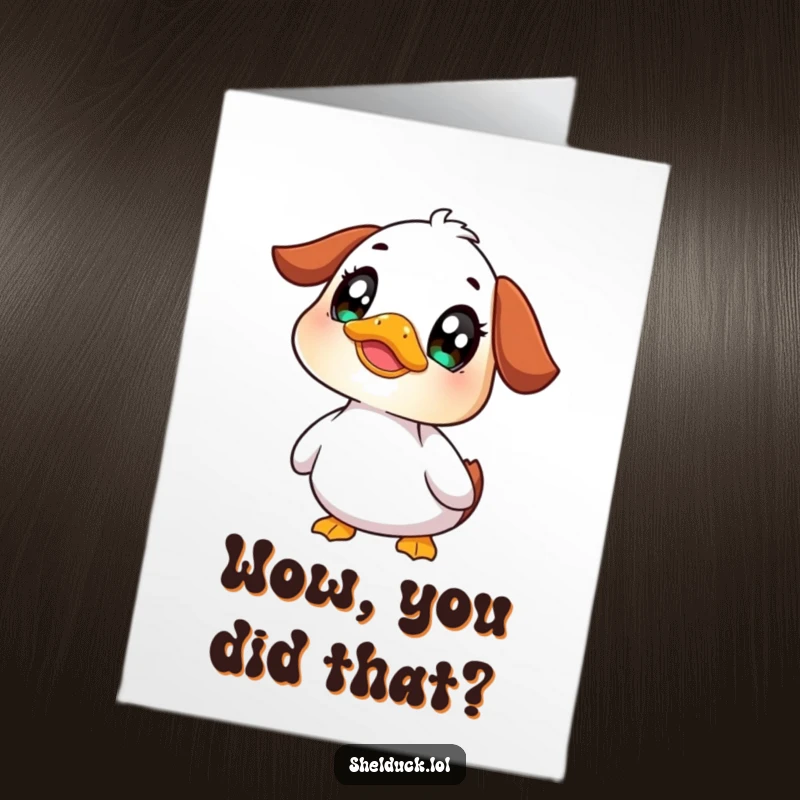 Funny Free Printable Shelduck Congratulations Card: A shelduck with wide, curious eyes looking up, expressing amusing surprise at their great success.