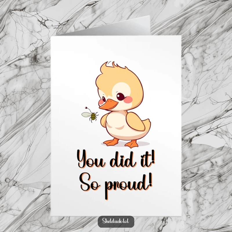 Funny Free Printable Shelduck Congrats Card, a curious cartoon duckling tilting its head at a bug, ideal for celebrating achievements.