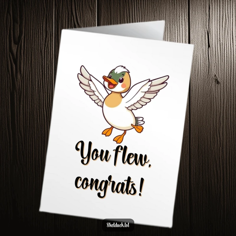 Funny free printable congratulations card showing a shelduck happily flying with outstretched wings, signifying success and freedom.