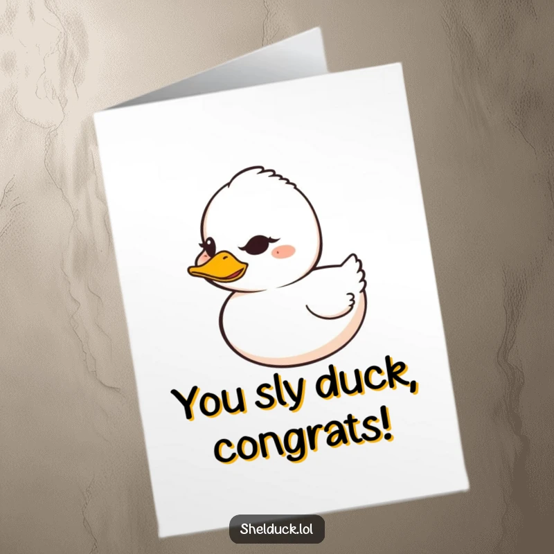 Funny Free Printable Shelduck Congratulations Card, duck with mischievous grin winks, slyly celebrating success