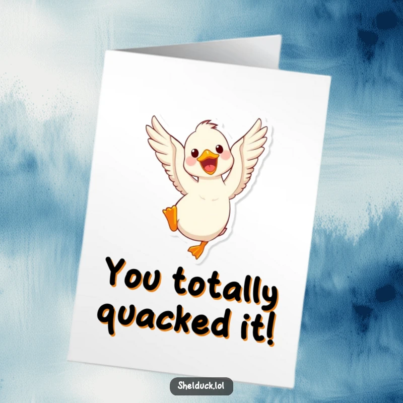 Funny Free Printable Shelduck Congratulations Card: A delighted shelduck vigorously flapping its wings to celebrate a grand accomplishment with excitement.