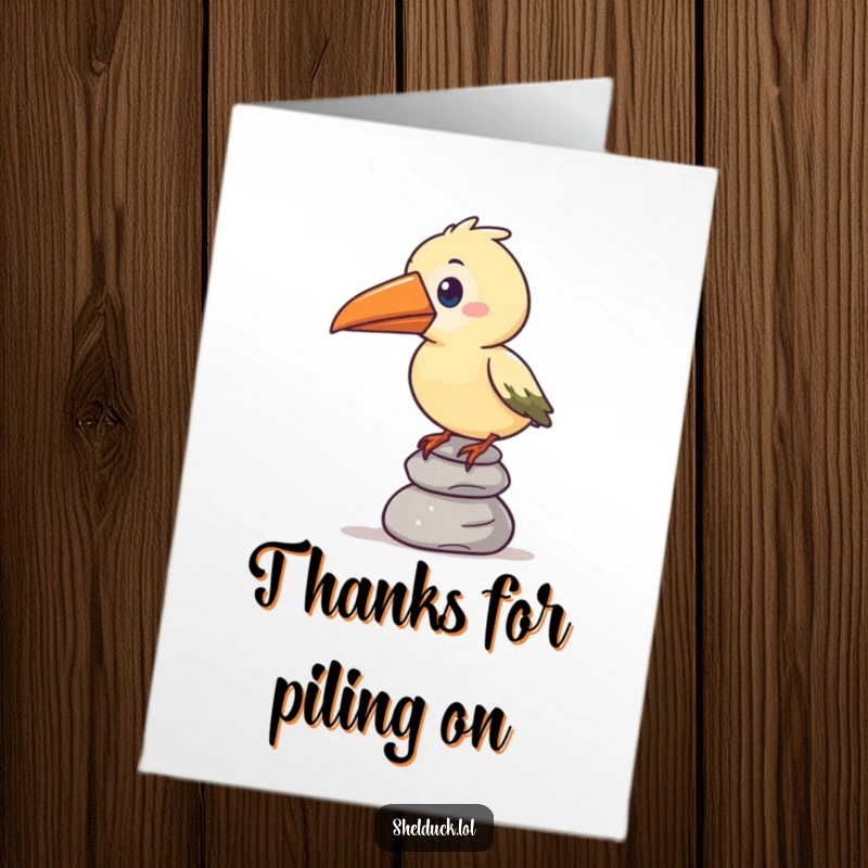 Funny free printable thank you card: a stylized bird with an oversized beak humorously attempts to balance a precarious stack of pebbles.