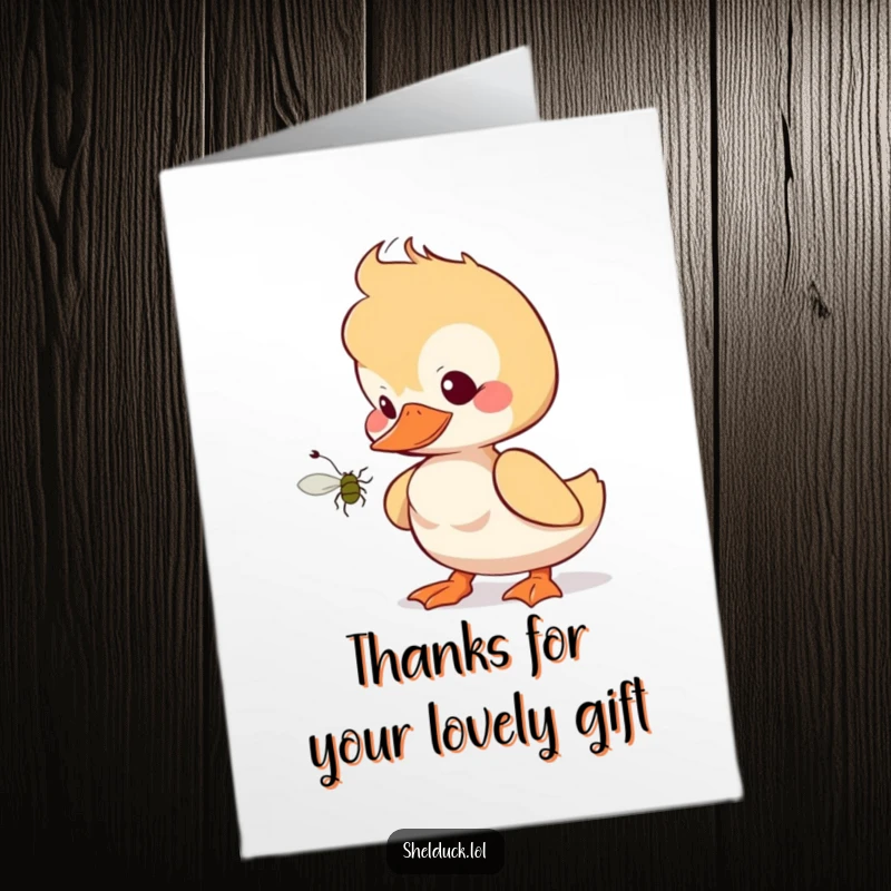 Funny Free Printable Shelduck Thank You Card, a cartoon duckling curiously eyeing a bug, perfect for expressing gratitude humorously.